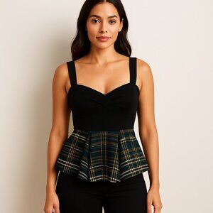 Anthropologie Deletta Nathalie Black Plaid Metallic Peplum Elegant Tank Top
